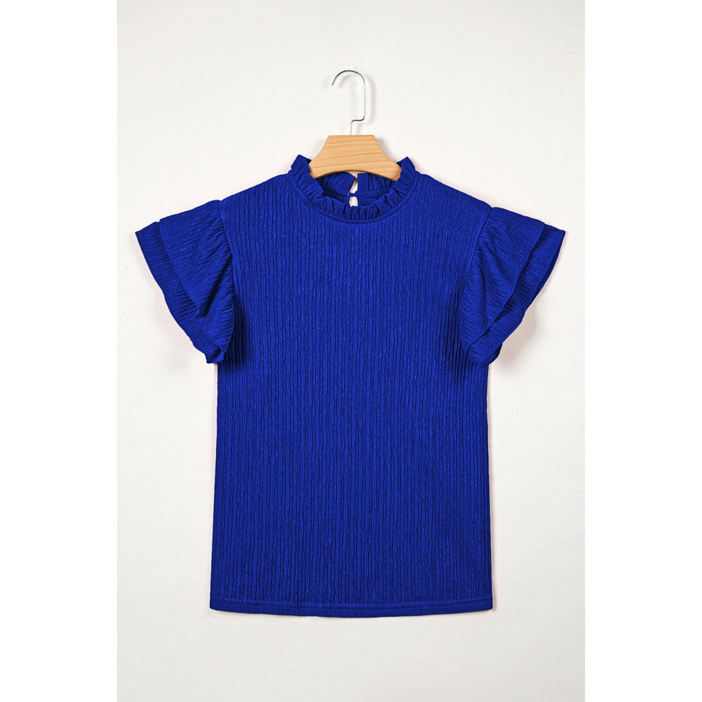 Dark Blue Textured Blouse with Ruffle Sleeves in Dark Blue - front view