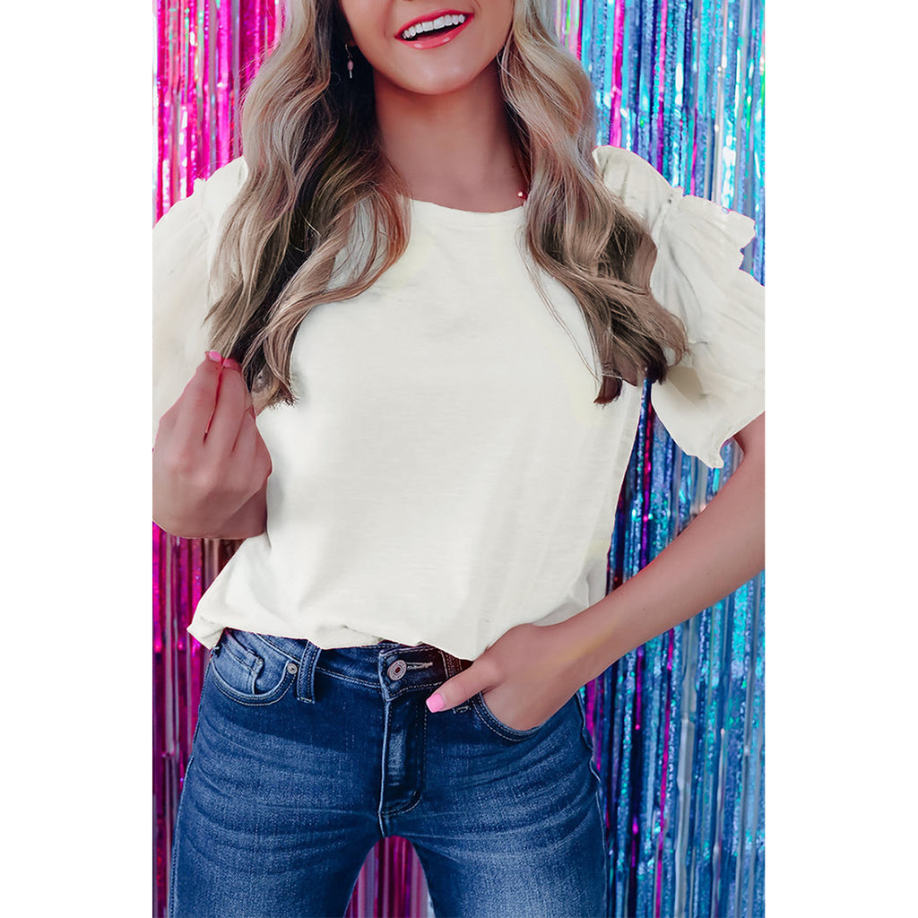 White Cotton-Blend Tulle Ruffle-Sleeve Top in White - on-model fit