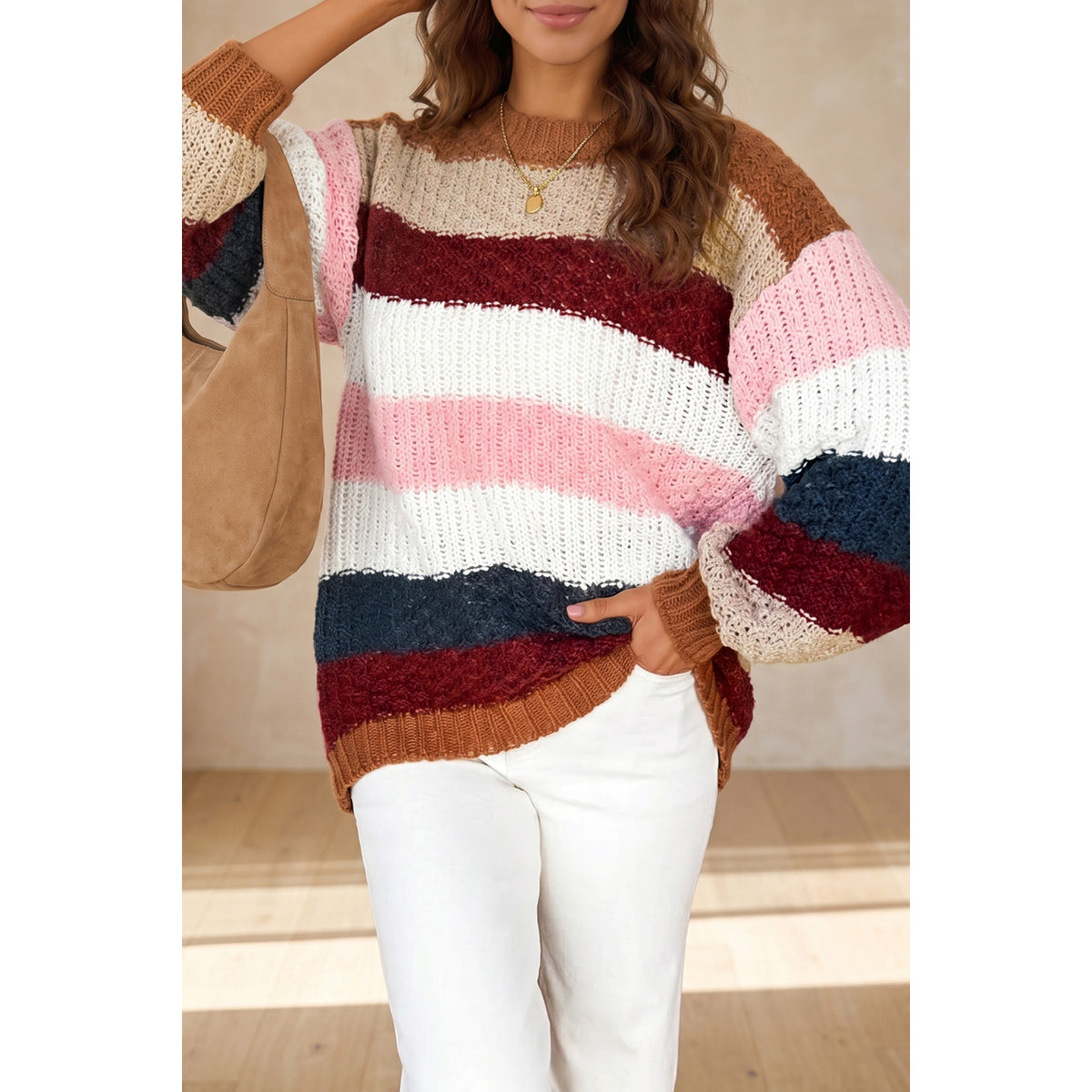 Multicolor Chunky Stripe Crew-Neck Sweater in Multicolour - on-model fit