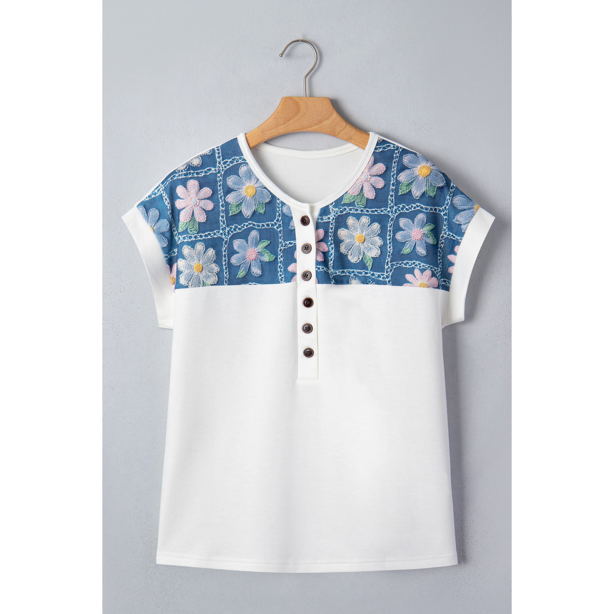 White Floral-Panel Short-Sleeve Blouse in White - front view