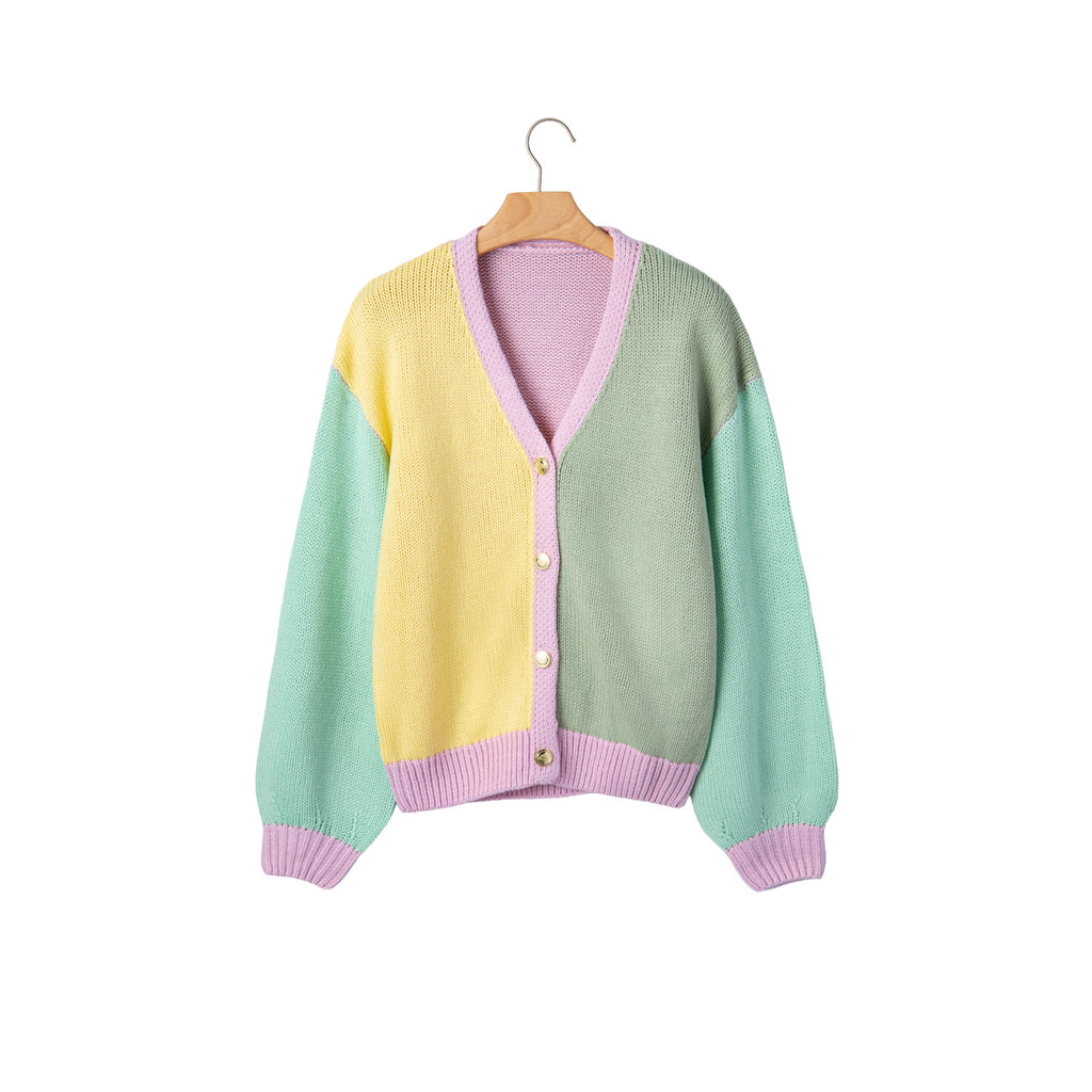 Pastel Patchwork V-Neck Knit Cardigan in Yellow - front view