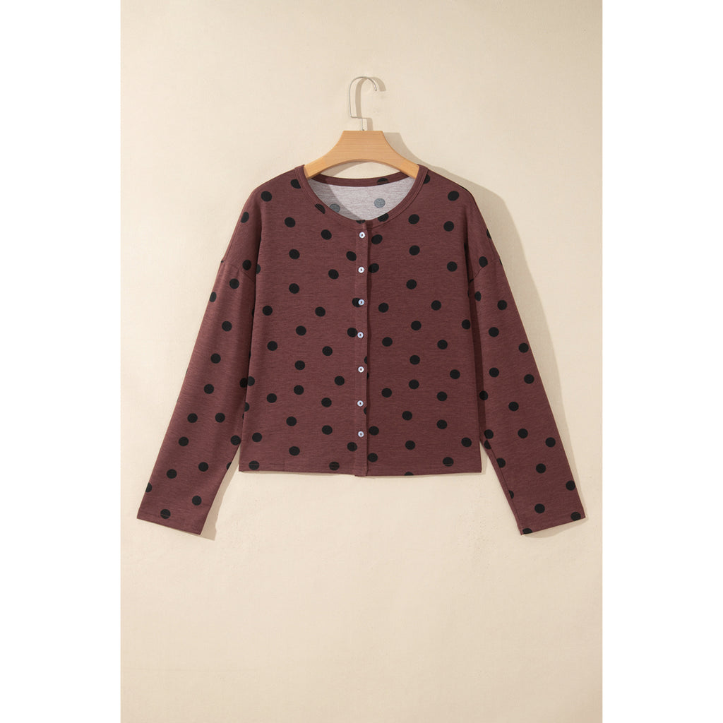 Brown Polka-Dot Long-Sleeve Button Shirt in Brown - front view