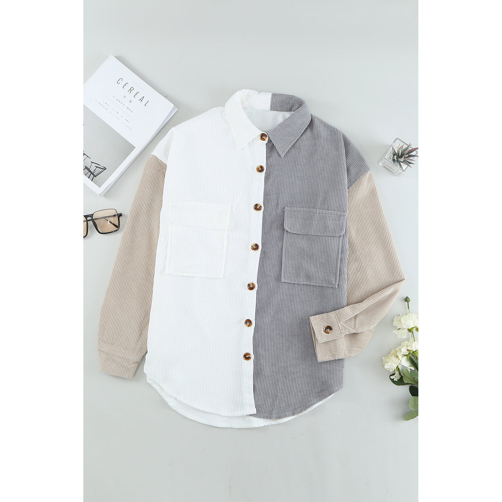 White Colorblock Button Shirt with Chest Pockets in White - front flat-lay view