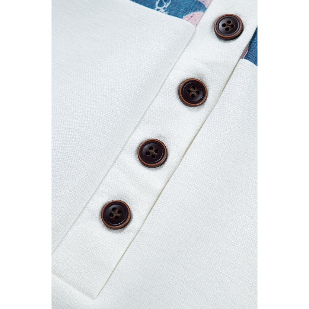 White Floral-Panel Short-Sleeve Blouse in White - button detail
