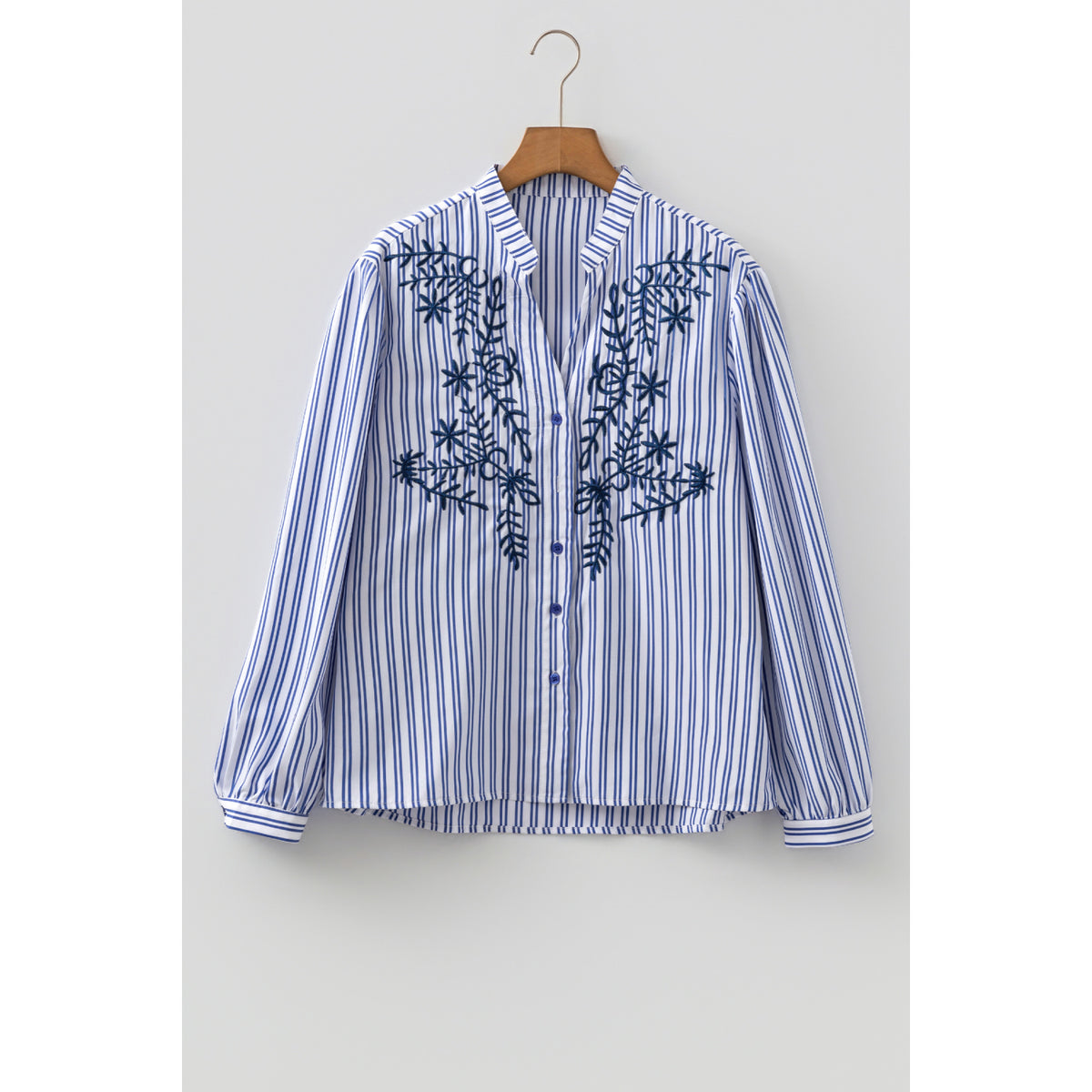 Blue Striped Shirt with Floral Embroidery in Blue Stripe - front view