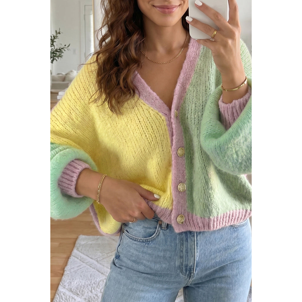 Pastel Patchwork V-Neck Knit Cardigan in Yellow - on-model fit