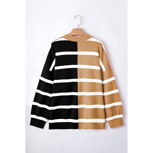 Beige and Black Colorblock Stripe Sweater in Light French Beige - back view