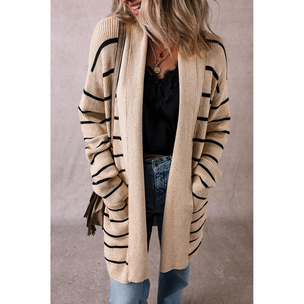 Black Stripe Shawl-Collar Pocket Cardigan in Black Stripe - on-model fit