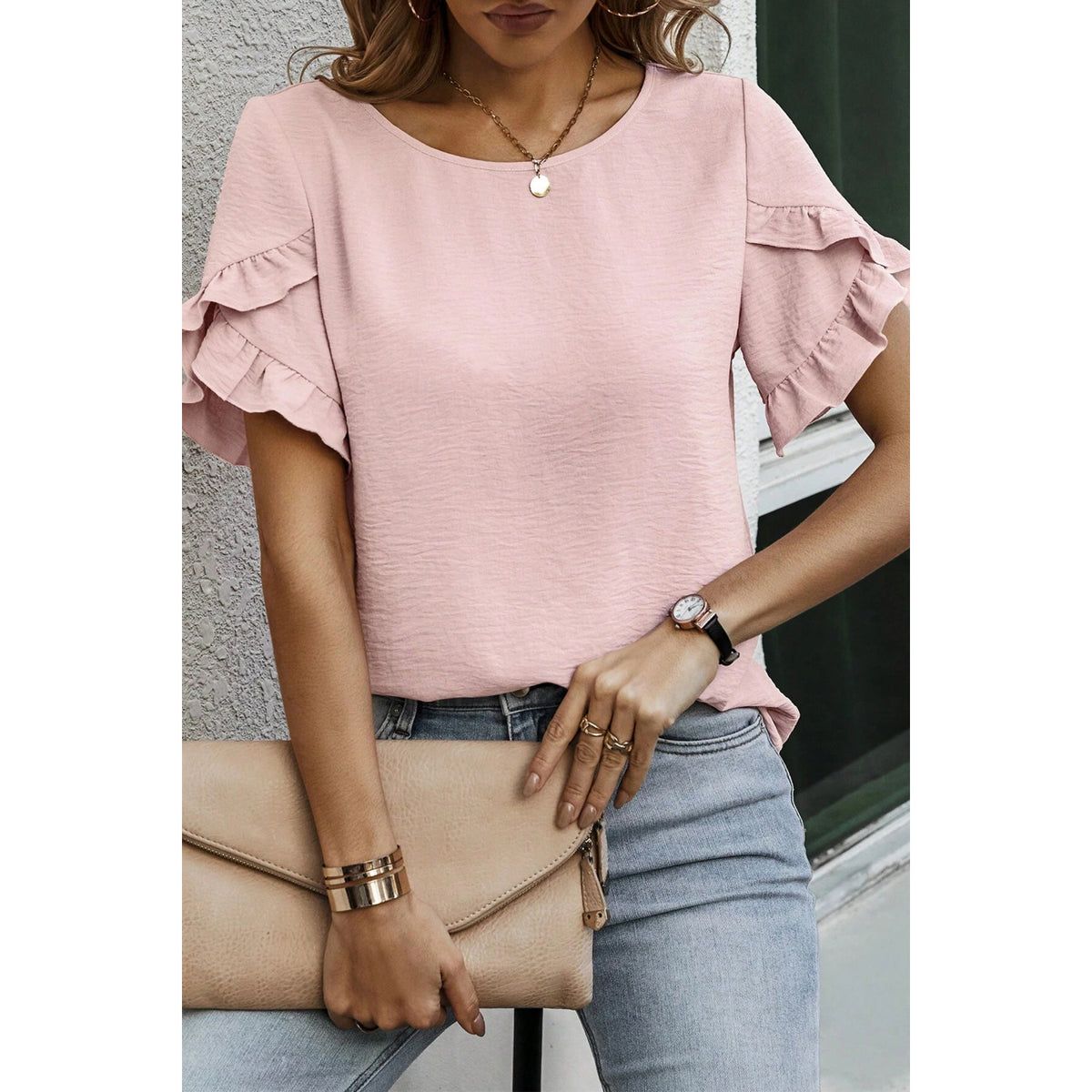 Light Pink Ruffle-Sleeve Everyday Blouse in Light Pink - on-model sleeve and fit view