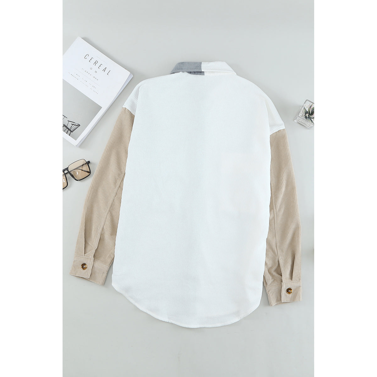 White Colorblock Button Shirt with Chest Pockets in White - back flat-lay view