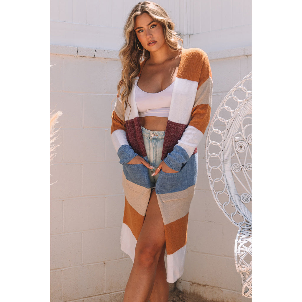 Multicolor Longline Colorblock Cardigan in Multicolor - on-model fit