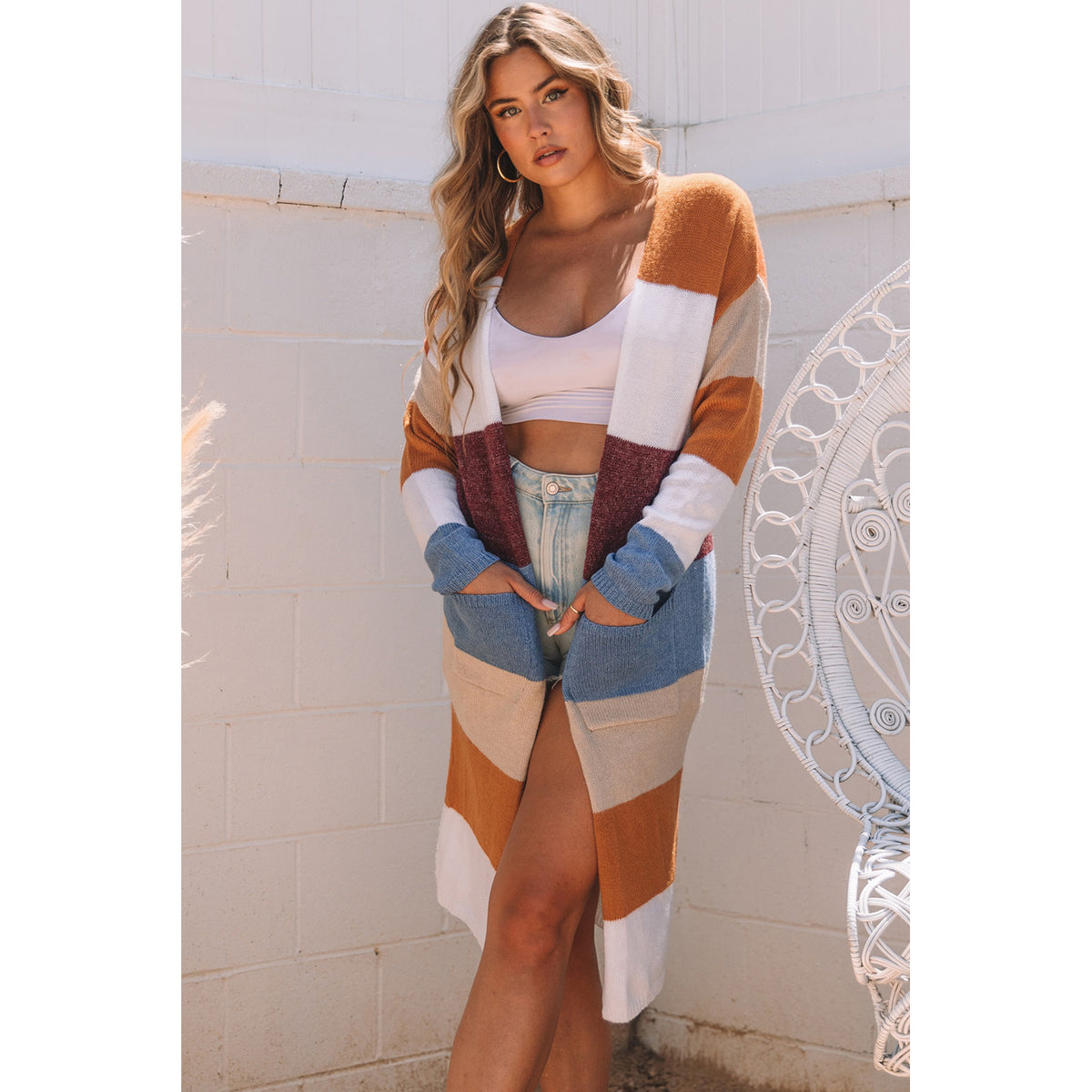 Multicolor Longline Colorblock Cardigan in Multicolor - on-model fit