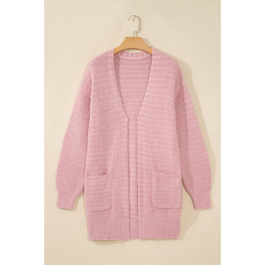 Light Pink Fuzzy Ribbed Open Cardigan in Light Pink - front view