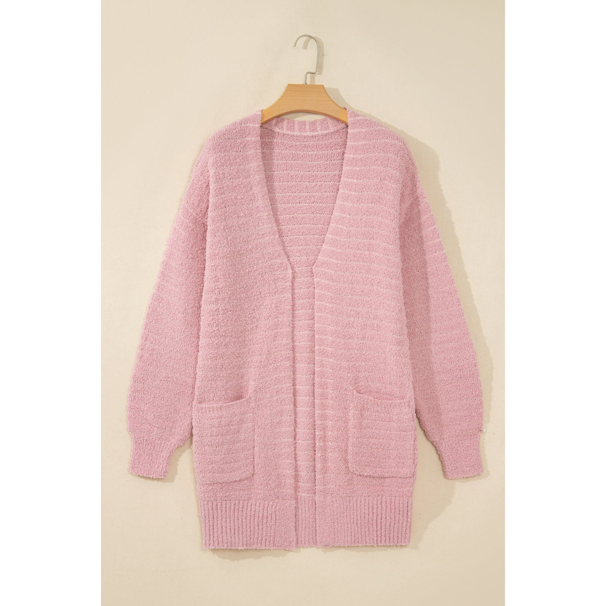 Light Pink Fuzzy Ribbed Open Cardigan in Light Pink - front view