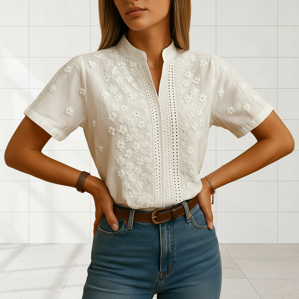 Women's White Button Front Blouse with Classic Collar