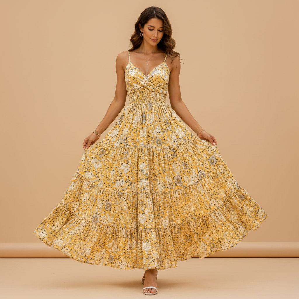A woman modeling a yellow floral maxi dress with thin spaghetti straps, a V-neckline, and a tiered ruffled skirt, set against a solid beige studio background.